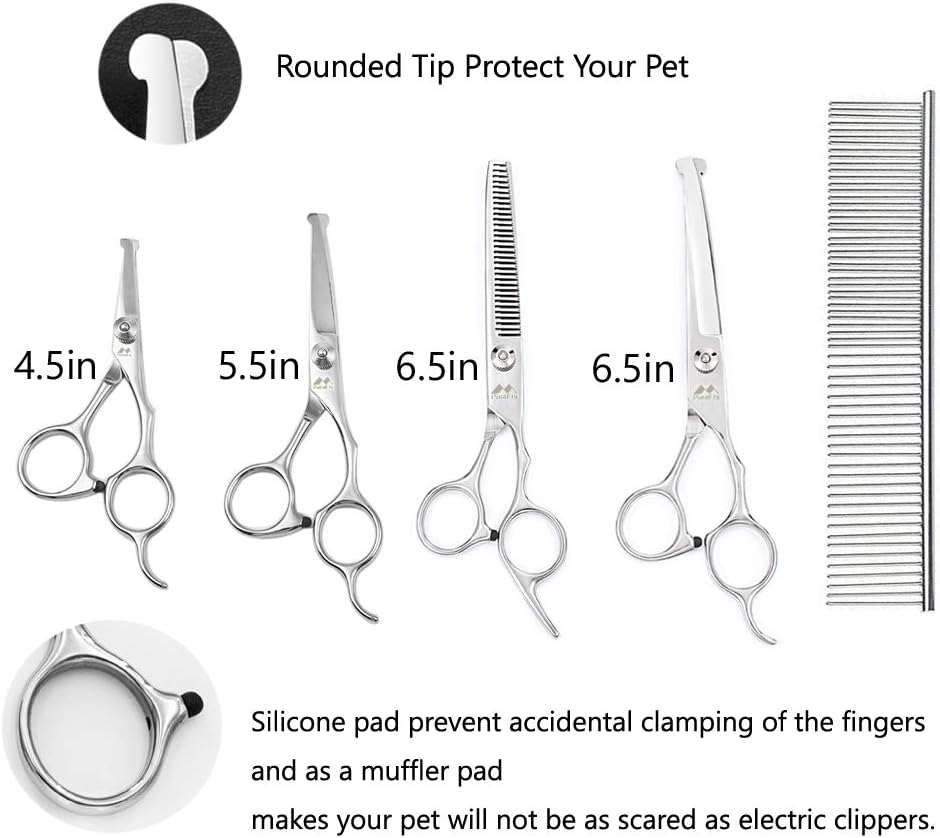 Dog Grooming Scissors Kit with Round Tip, Set of 5 Cat Dog Scissors, Stainless Steel Pet Grooming Shears, Straight, Curved, Thinning Shears, Comb for Full Body, Face, Nose, Ear & Paw