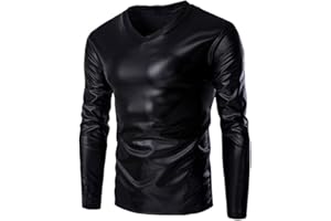 WENKOMG1 Mens Metallic Shirt,Prom Crewneck Blouse Shiny Reflective Disco Shirt Long Sleeve Slim Fit Top