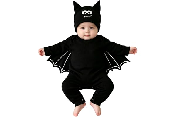 Baby Boys Girls 2 Piece Halloween Bat Hooded Onesie Newborn Soft Cotton Set | Toddler Kids Long Sleeve Black Bodysuit with Cu