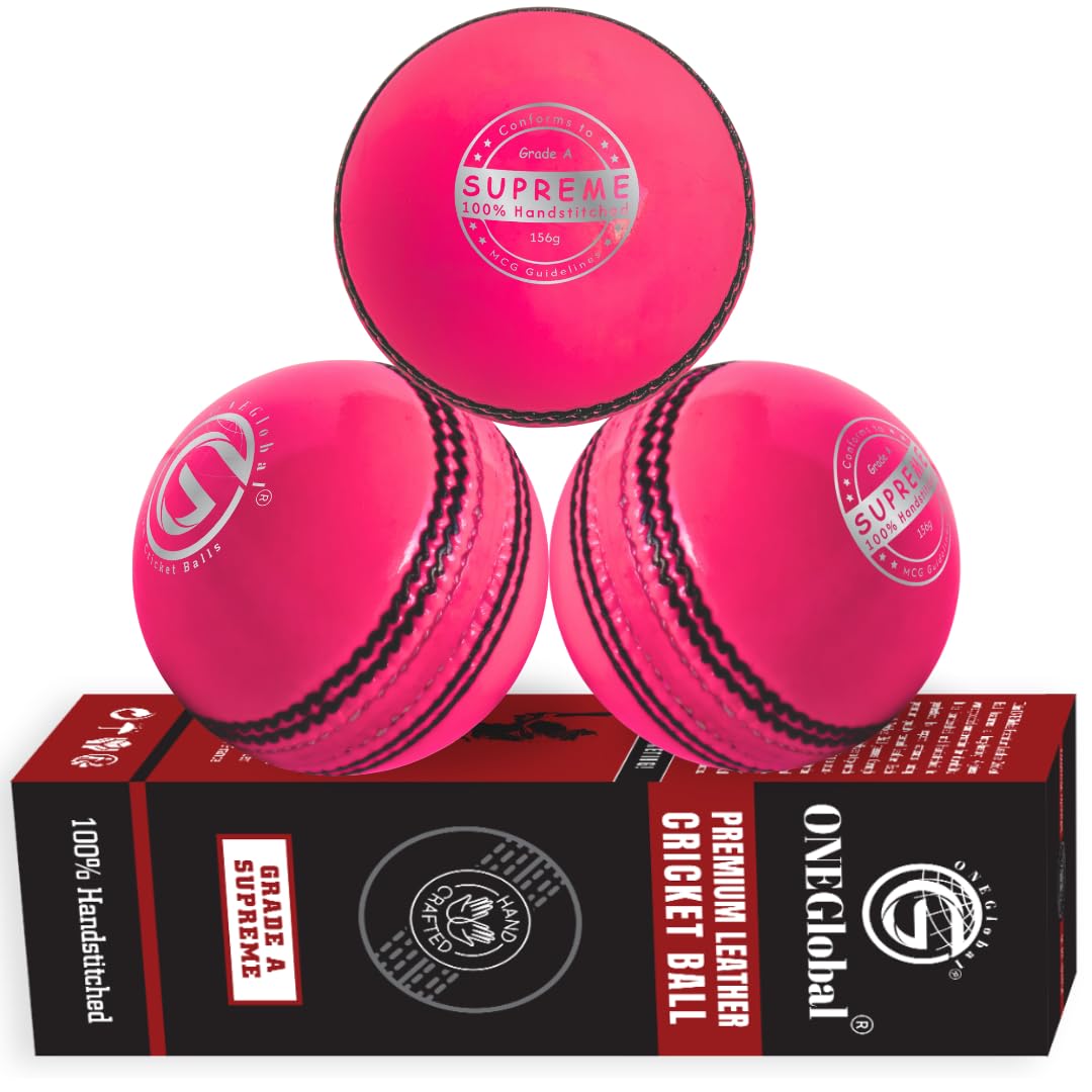 ONEGlobal Supreme Genuine Leather Cricket Ball | 4-Piece Handstitched Cricket Balls | Match Quality Hard Cricket Balls (Seniors 5.5oz, 3-Pink)