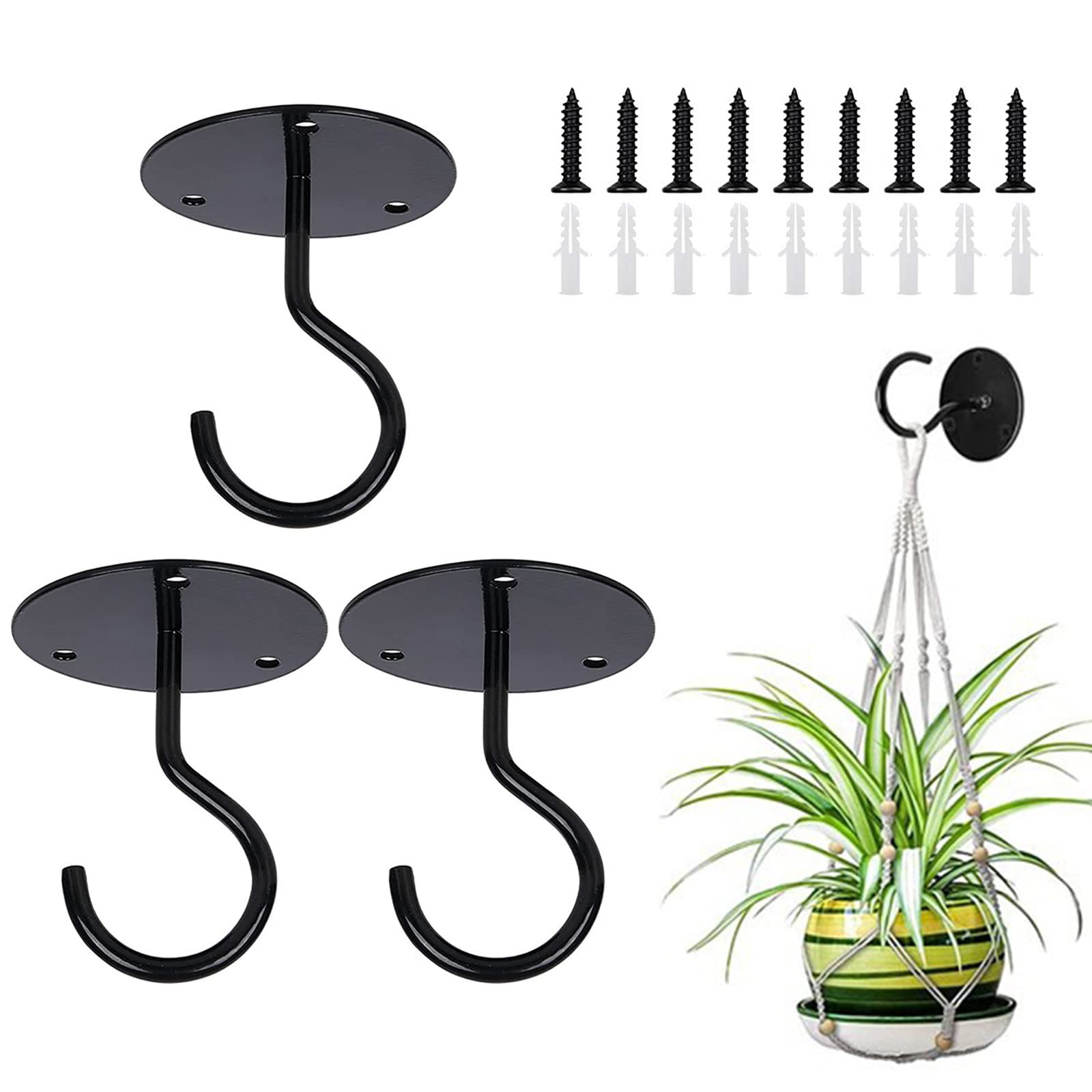 Reagia 3PCS Ceiling Hooks for Hanging Plants, Wall Mount Metal S Plant Hangers with Screws and Anchors for Hanging Plant Baskets, Lanterns, Wind Chimes, Bird Feeder