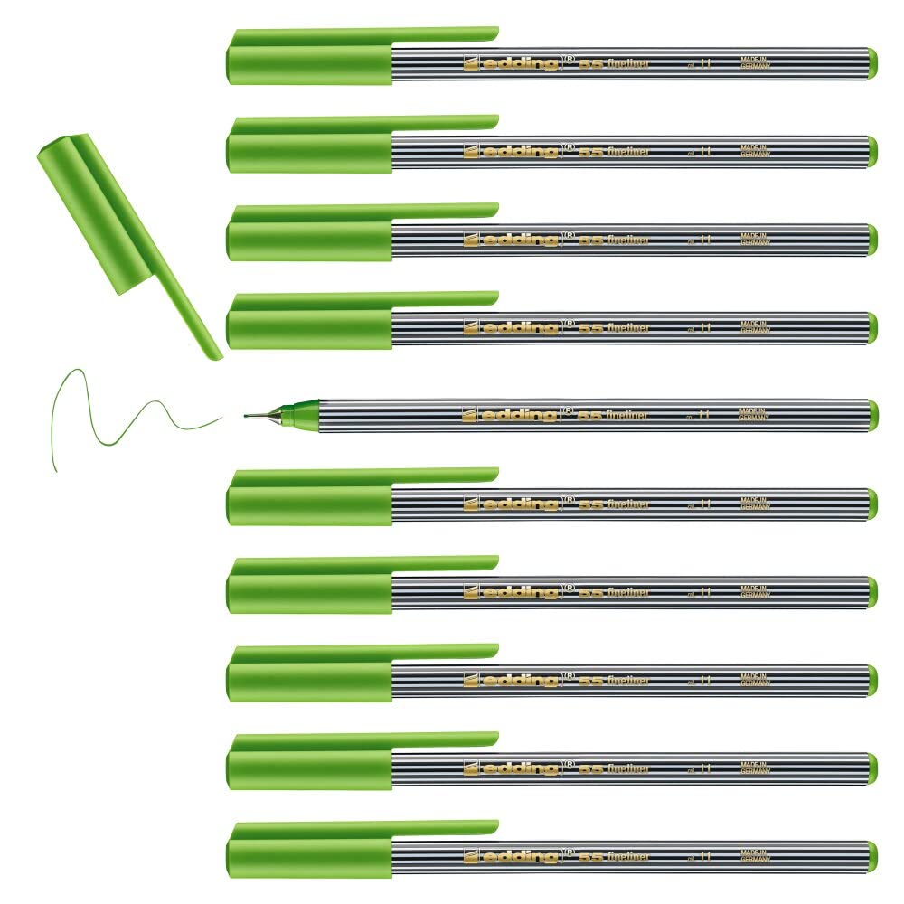 edding 55 - fineliner - light green - 10 pens - 0.3 mm nib - colour pen for writing, drawing, underlining, illustrating - for children and adults, at school and in the home or office