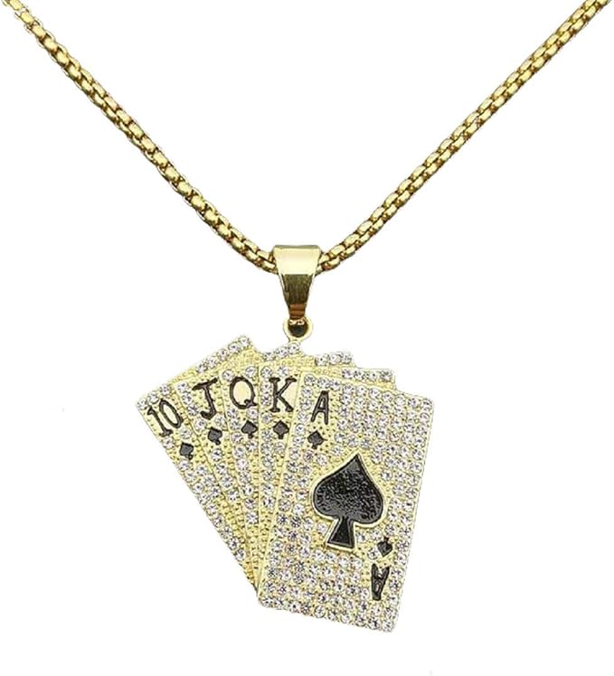 Iced Out Poker Necklace For Men Stainless Steel Spade Playing Card 