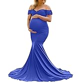 Saslax Off Shoulder Ruffle Sleeves Elegant Fitted Maxi Maternity Dress for Photoshoot Baby Shower
