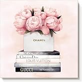cozy country Chanel-Inspired Canvas Wall Art - 12x12 Inches Luxury Fashion Artwork Print, Featuring Perfume, Books &amp; Flowers, Perfect for Bathroom &amp; Women's Room Decor