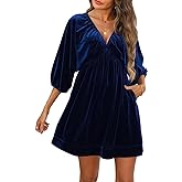 Ladyful Womens V Neck Velvet Dress 3/4 Sleeve Velour Mini Dress