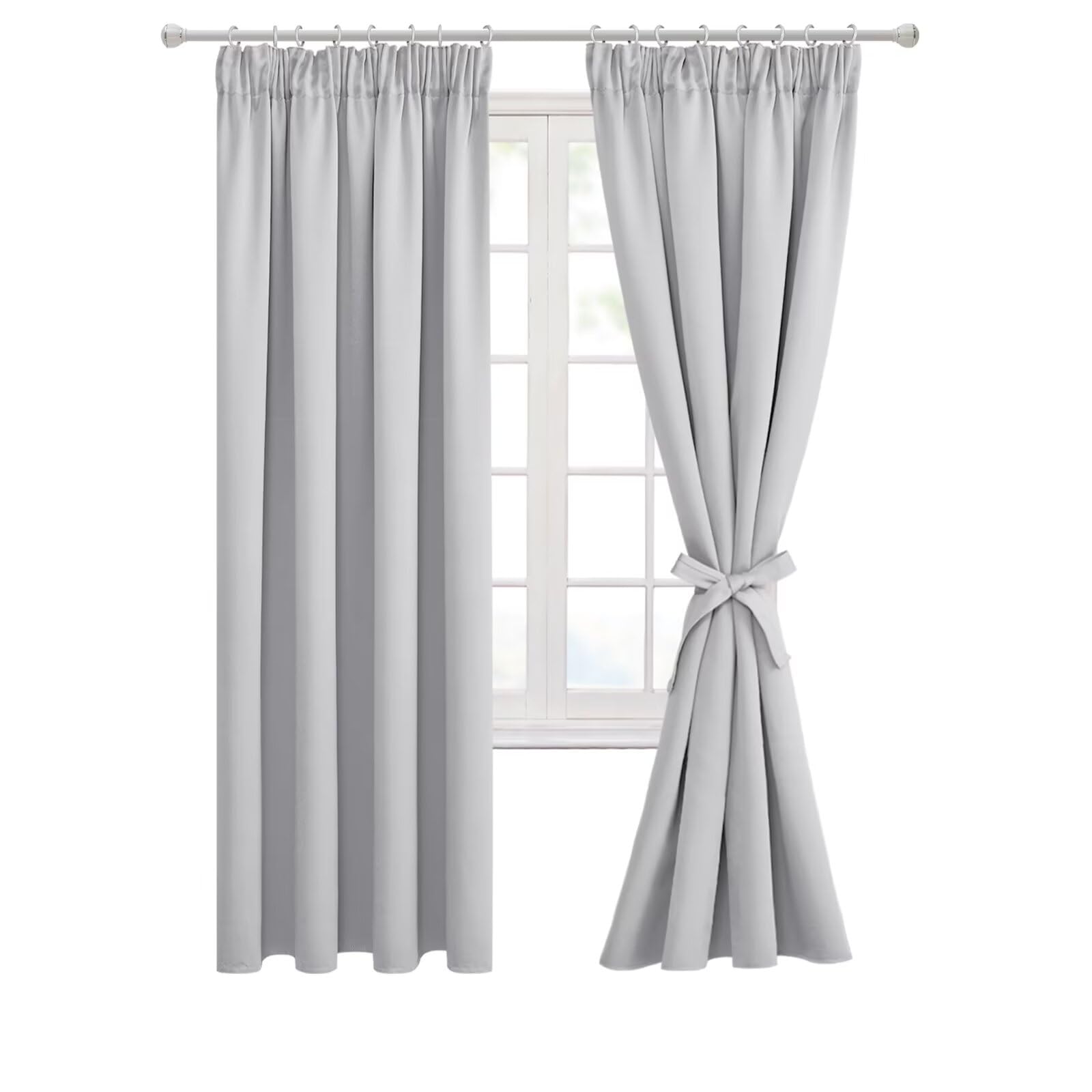 Hiasan Pencil Pleat Blackout Thermal Insulated Curtains, Bedroom and Living Room with Tiebacks, Energy Saving and Noise Reducing, 2 Panels, 55 x 69 Inch, Silver Grey