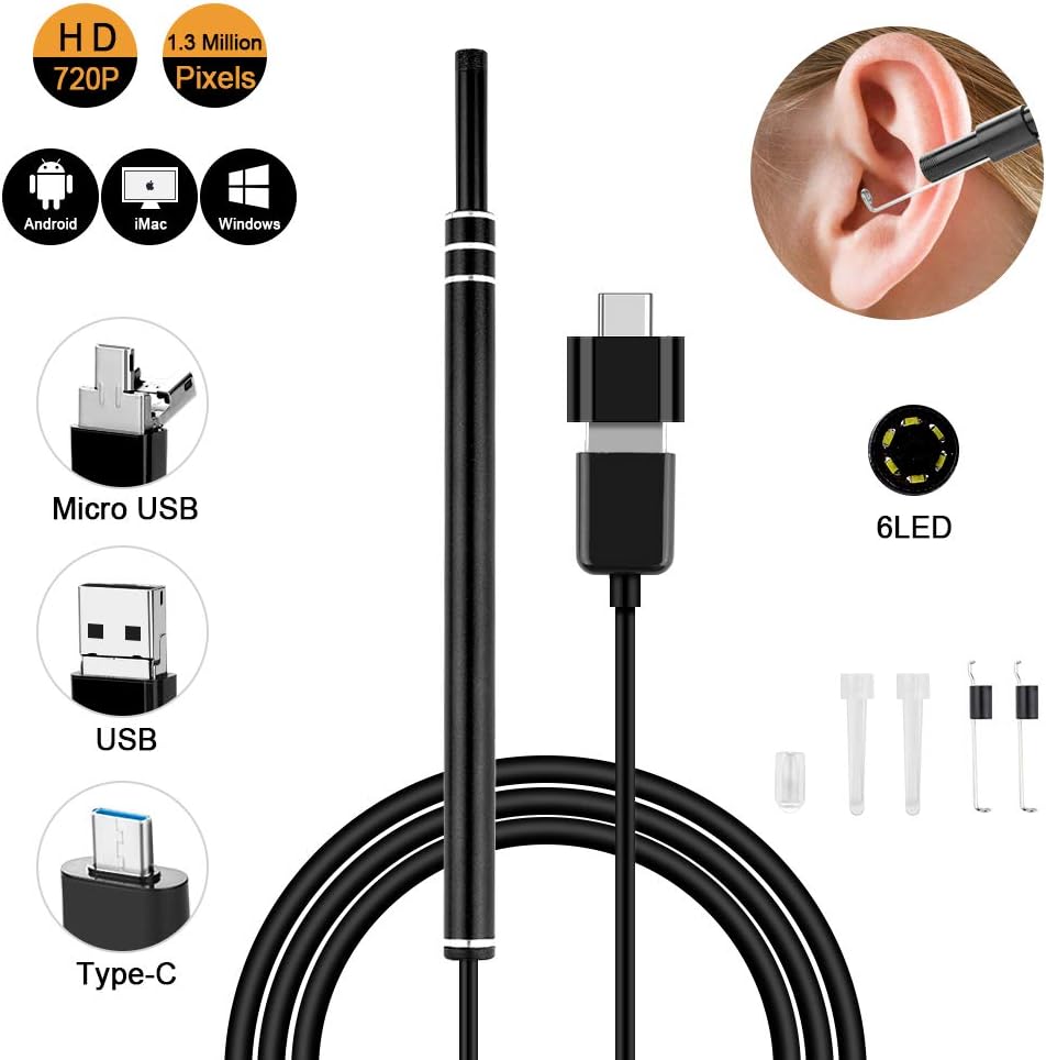 Cafele Mini Otoscope, USB Ear Otoscope Inspection Camera with 6 LED Lights for Samsung LG Sony Android Mac and PC (USB)