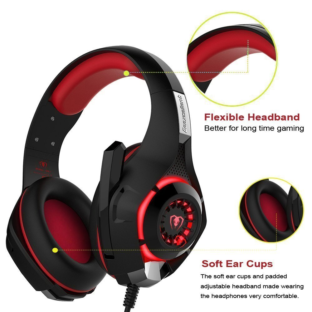New Xbox One Headset MFEEL Gaming Headset with Mic for PC, PS4, Xbox One S Netendo DS Tablet Laptop Phone - Noise lsolating Volume Control LED Light (Red)