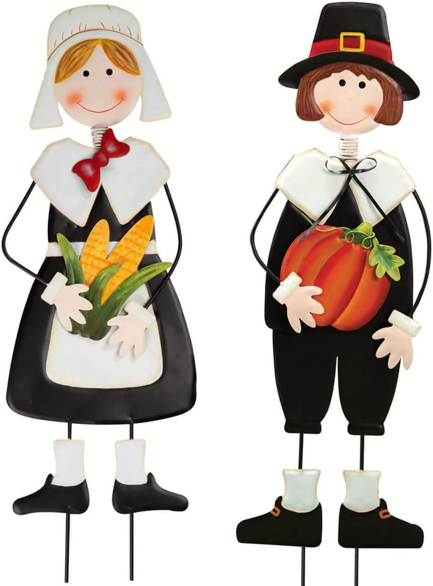 Decorative Garden Stakes - Miles Kimball Pilgrim Boy and Girl Metal Lawn Stakes Set by Maple Lane Creations, Thanksgiving Yard Décor