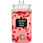 2 Gallon Glass Drink Dispenser with Spout for Parties - Tall Airtight Mason Style Beverage Serveware Stand with Metal Spigot for Kombucha, Water, Juice, Punch, Cocktails, Ice Tea & Sun Tea