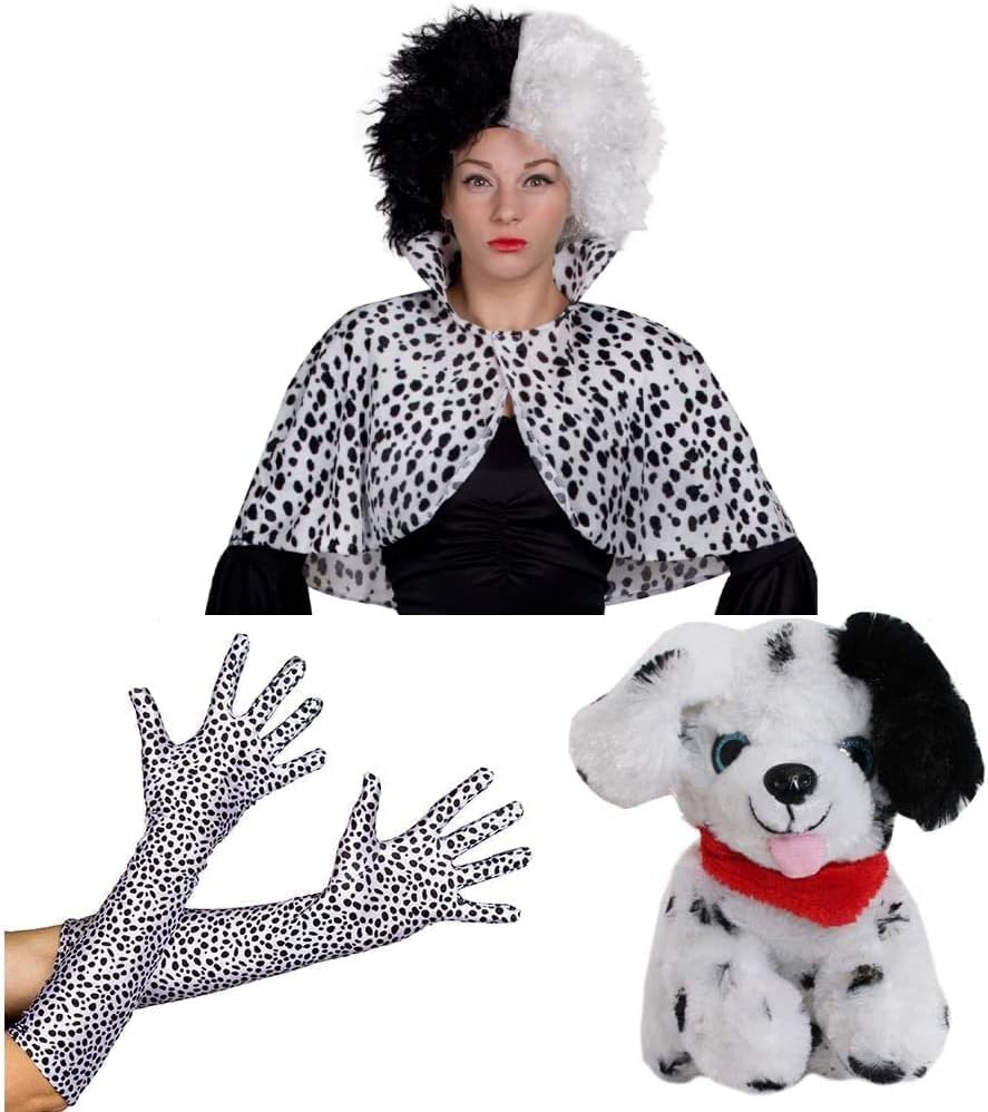 Ladies Evil Dog Lady Accessory Set - X-Large - Black & White Crimped Wig, Dalmatian Cape, Dalmatian Gloves, Plush Toy Dog - Adults World Book Day Fancy Dress Accessory Set