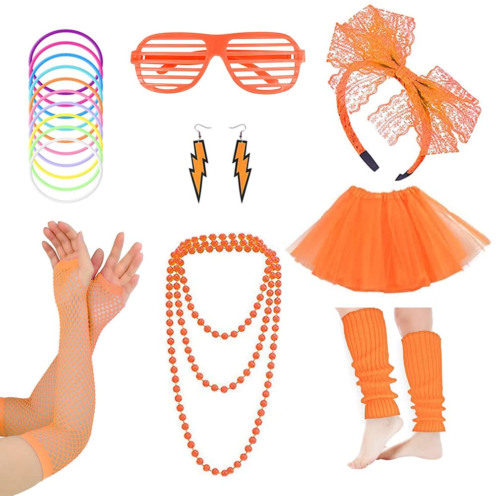 80s Fancy Party Costume Accessories Set,Adult Tutu Leg Warmers Fishnet Pink Gloves Neon Necklaces Bead 80s Lace Bow Headband Lighting Earrings Sunglasses,1980s Fancy Dress Women Night Out Party