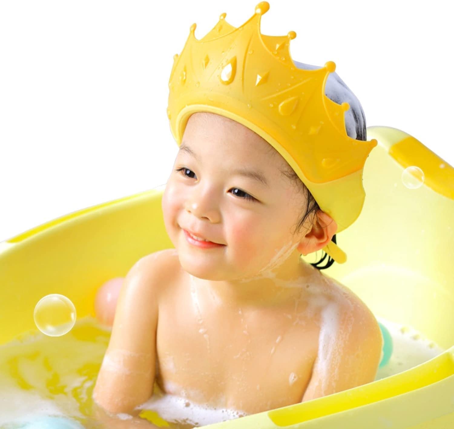 Kids Shower Cap Shield, Silicone Shower Cap for Kids, Waterproof Cute Crown Shape Hair Washing Shield, Adjustable Bath Visor Hat to Stop Water in Eye and Ear for Toddlers Kids Infants (Yellow)