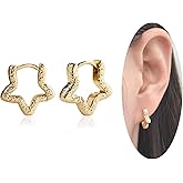 Teppdfann 14K Gold Plated Star Huggie Hoop Earrings - Minimalist Sleep Earrings with Cut-Out Star Design, Simple Daily Earrings for Women Trendy