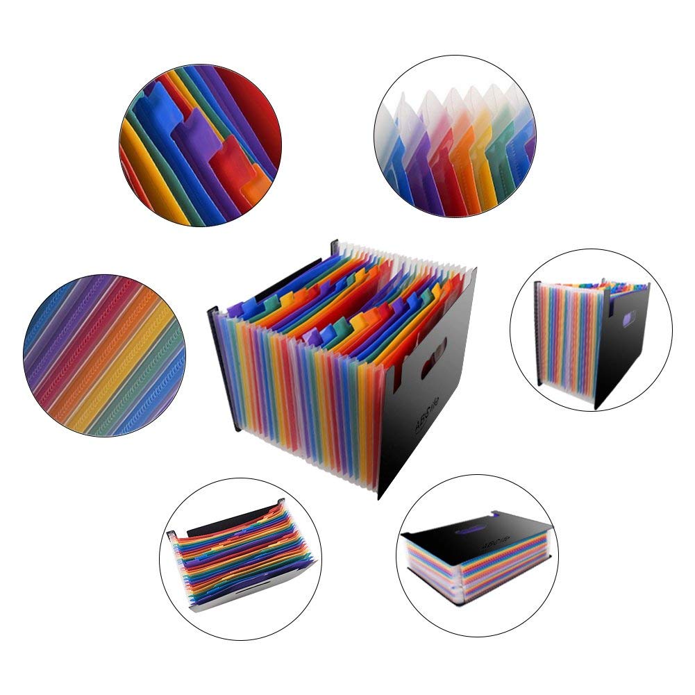 Expanding File Folder - ABC Life 24 Pockets Portable Rainbow A4 File Organiser Self Standing Accordion Document Wallet Business Filing Box High Capacity Storage Bag for Home & Office & School