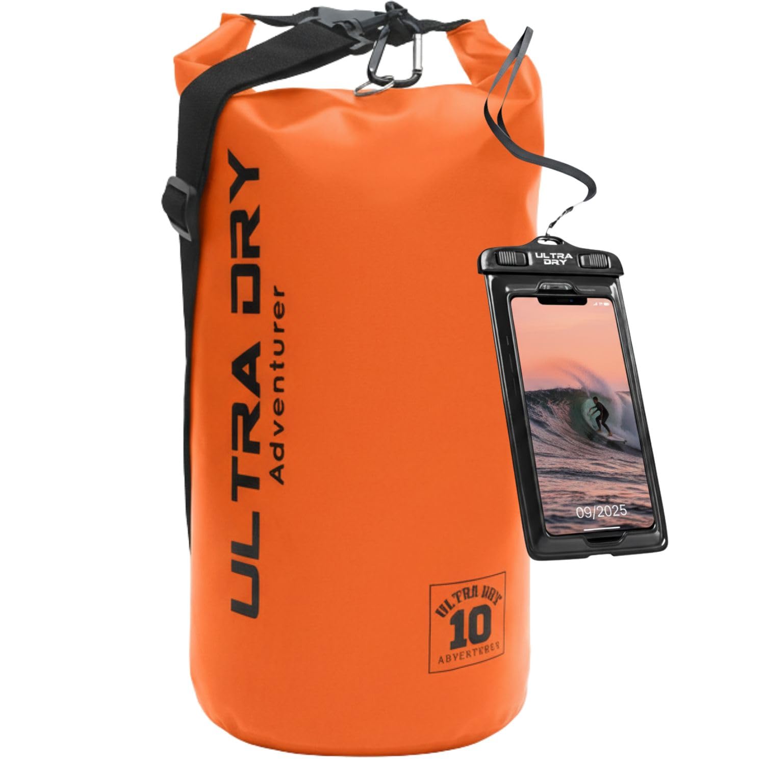 Premium Waterproof Bag, Sack with Phone Dry Bag and Long Adjustable Shoulder Strap Included, Perfect for Kayaking/Boating/Canoeing/Fishing/Rafting/Swimming/Camping/Snowboarding (Orange, 10 L)