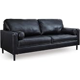 Signature Design by Ashley Bryceview Contemporary Leather Match Tufted Sofa with 2 Bolster Pillows, Black