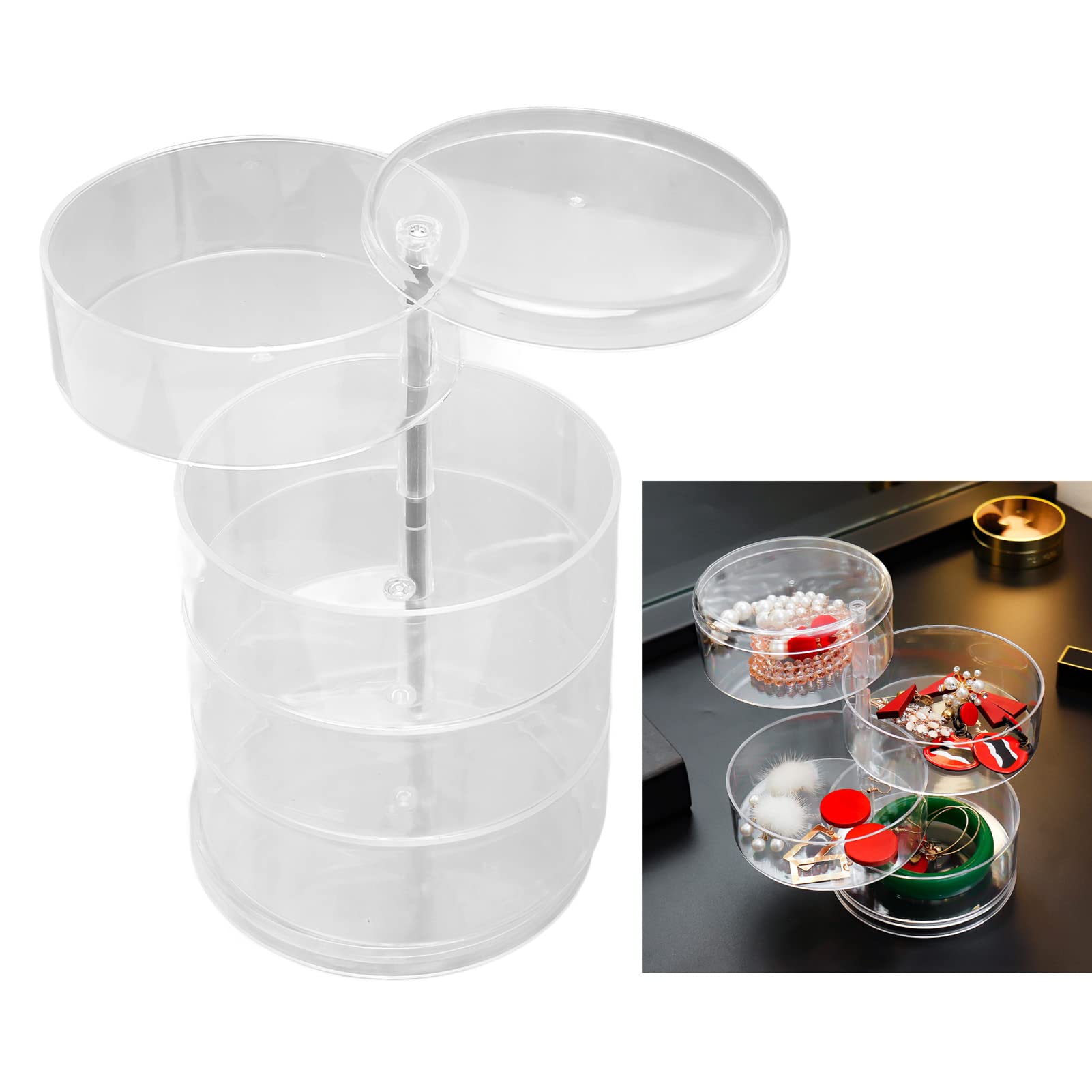 4 Tier Rotating Jewelry Organizer Box, Transparent Acrylic Dust Isolation Storage with 360 Degree Turntable Design