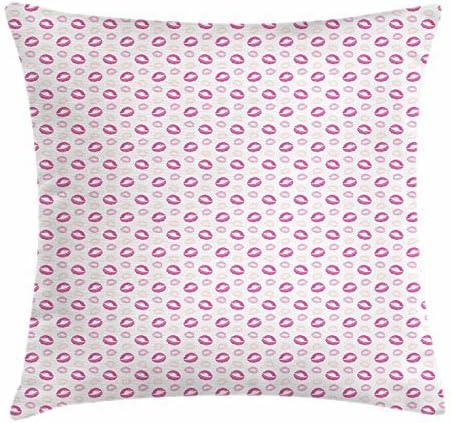 Dick Sidney Kiss Throw Pillow Cushion Cover, Grunge Looking Lipstick Prints Cosmetics Makeup Romantic Valentines Day, Decorative Square Accent Pillow Case Pink Pale Pink Pale Peach