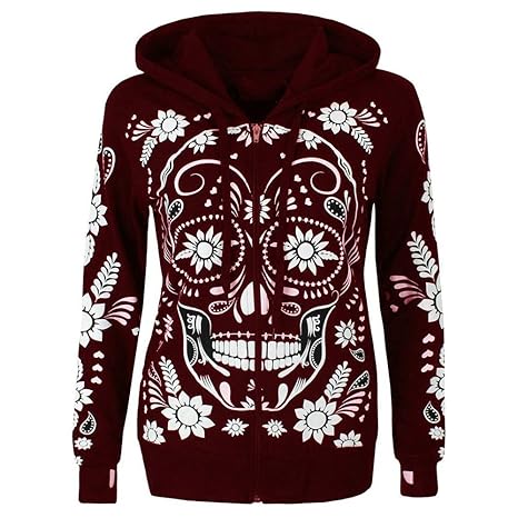 Dorical Kapuzenpullover Damen Herbst Winter Warm übergröße Schädel Drucken Mit Kapuze Lange Ärmel T-Shirt für Frau Hochwertig
