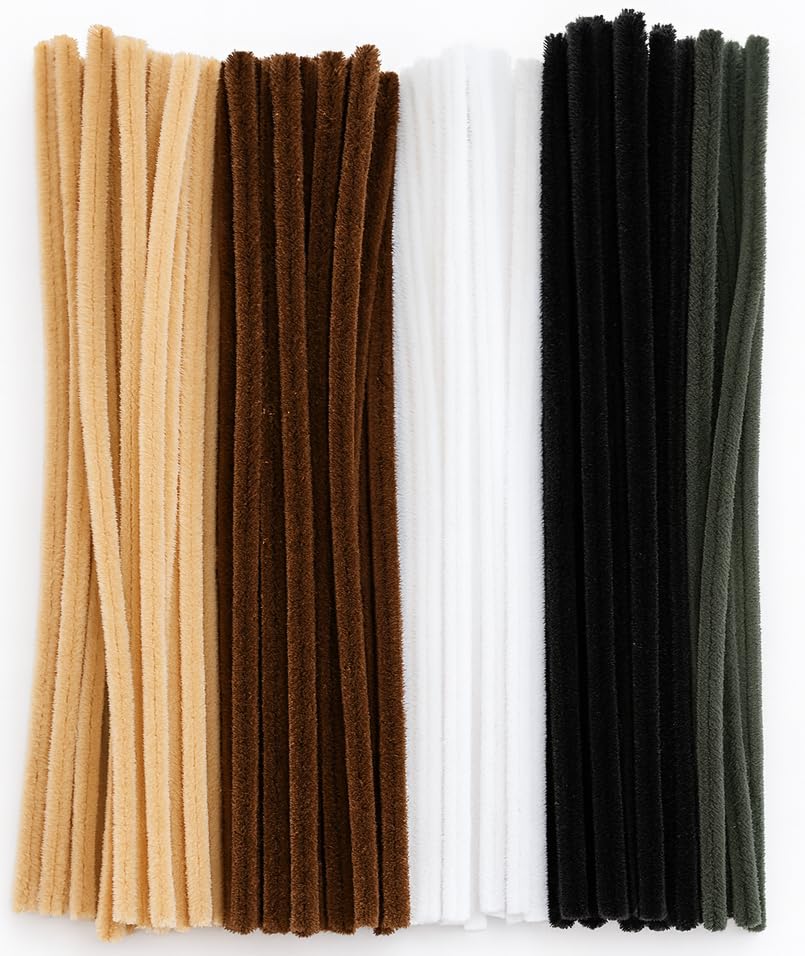 Pipe Cleaners for Craft – 100 Brown Thick Pipe Cleaners Black White & Grey | Beige Natural Neutral | Long Chenille Stems 30cm x 6mm for Flowers, Felting & Kids Crafts
