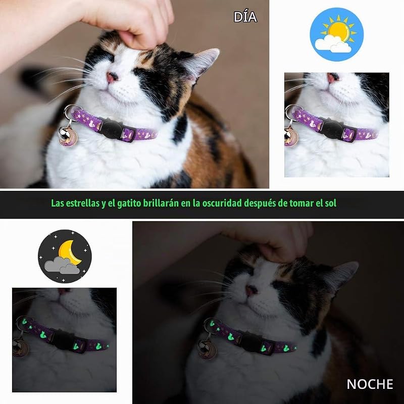 2 colares de gatos com luas de sino, estrelas, colar seguro ajustável para gatinhos com pendente que brilha no escuro (preto e roxo) — foto 5 de 7