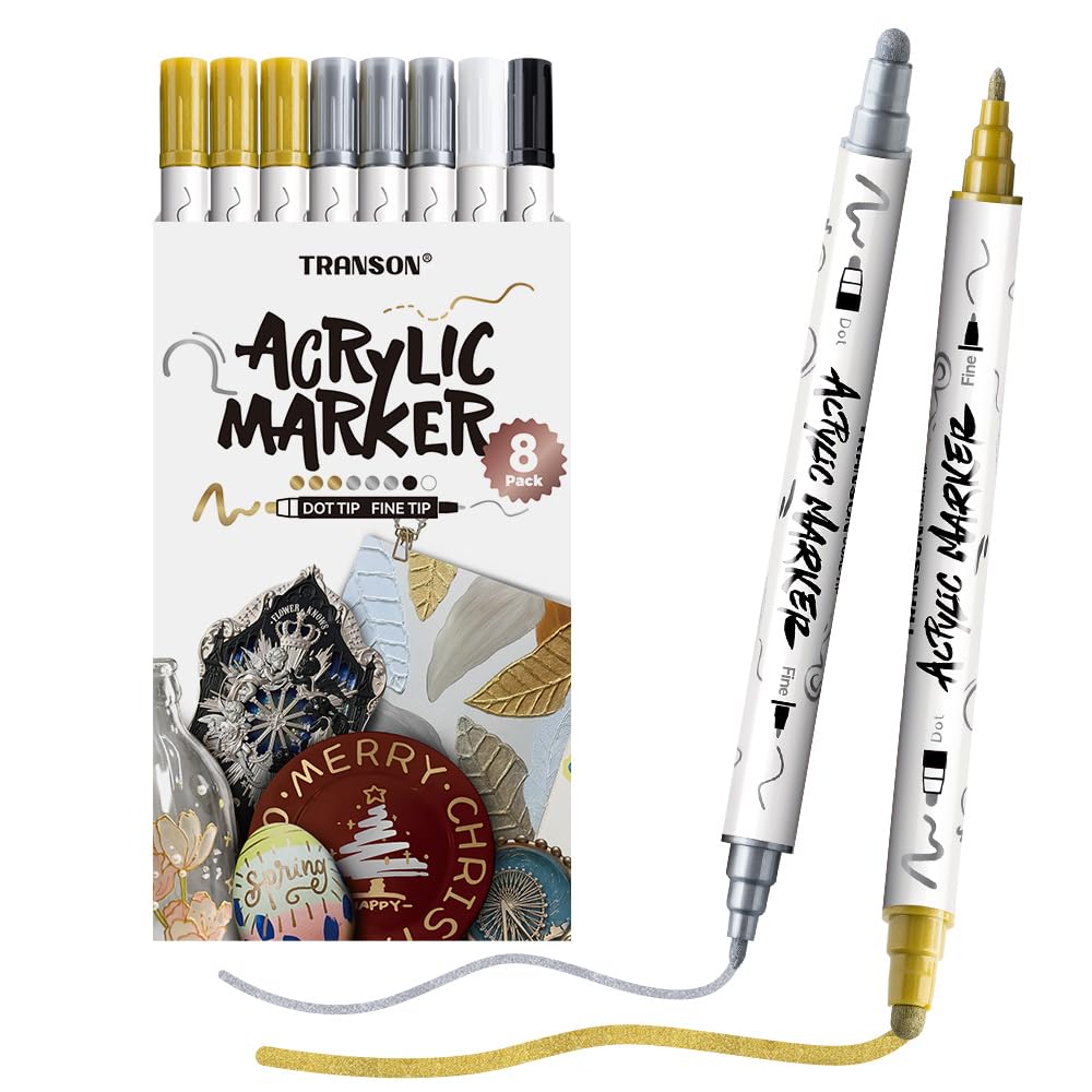 Photo 1 of TRANSON 3 Gold, 3 Silver, 1 Black and 1 White Paint Markers Bold and Fine Dual-tip Acrylic Paint Marker Set for Rock Painting Glass Canvas Wood Leather Ceramic Painting