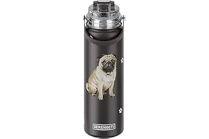 E&S PETS SERENGETI 24 Oz Water Bottle Stainless Steel with Spill Proof Lid - Double walled Vacuum Insulated water flask - Realistic 3D Print of your favorite dog (Pug)