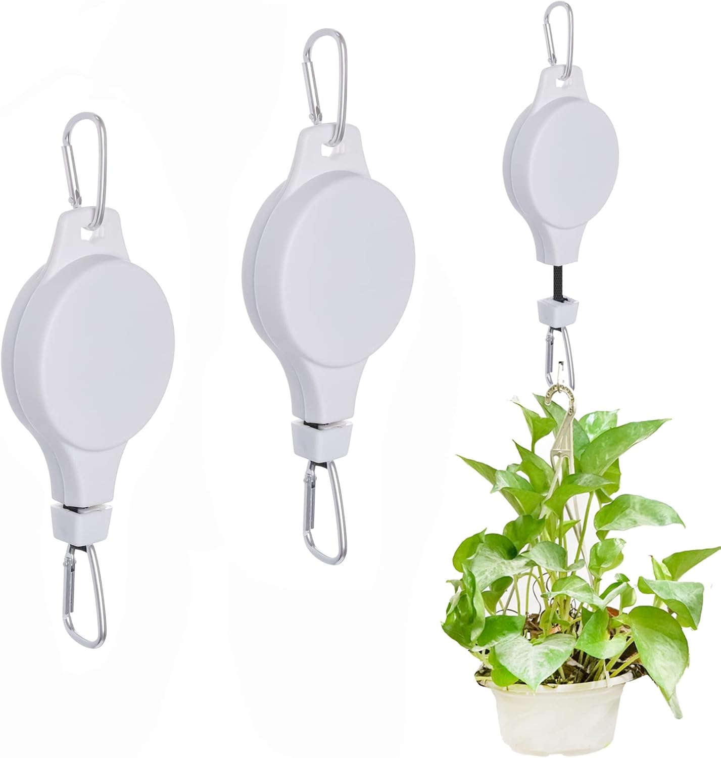 Outdoor Hanging Brackets - 3pcs Plant Pulley Retractable Hanger Easy Reach Plant Pulley Adjustable Height Wheel for Hanging Plants Heavy Duty Indoor Outdoor Plant Hanger for Garden Baskets Pots & Birds Feeder White