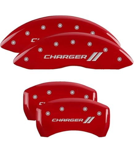 MGP Caliper Covers For Dodge RAM 1500 2019-2023 – Red With Silver HEMI Logo, Front & Rear Set (4 Covers)