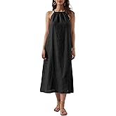 Amazhiyu Womens Linen Halter Sleeveless Maxi Dress Tie Back with Belt and Pockets