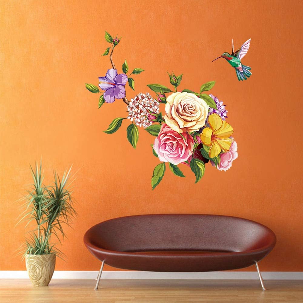 ufengke Flowers Wall Stickers Hummingbird Removable Wall Art Decals Wall Decor for Bedroom Office Living Room - Image 5