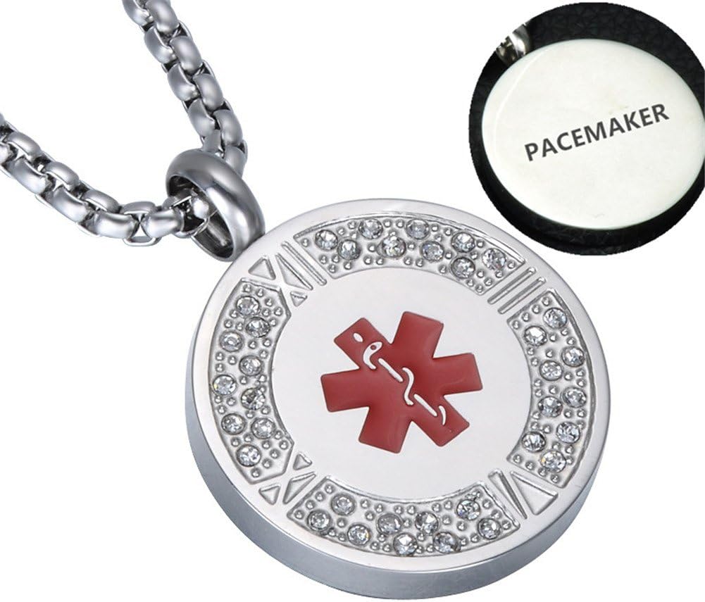 CF 316L Stainless Steel Personalized Name ICE Customised CZ Crystal Medical ID Pendant Roman Numeral Health Alert Assistance Necklace for Men Women,Free Engraving Customized