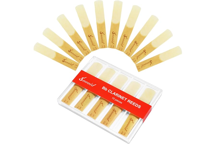 Sovvid 10 Pack Bb Clarinet Reeds with Plastic Box, Strength 2.5 Reeds for Clarinet, Thinner Reed Tip & Unfiled Cut for Easy of Play, Traditional Reeds for Clarinet Beginner and Player