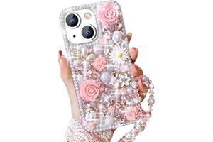 Szakdws Bling Diamond Case for Moto G 2024 5G with Pearl Bracelet Strap Cover,Pink 3D Sparkly Shiny Crystal Rhinestones Flower Girly Shockproof Phone Case with Lanyard