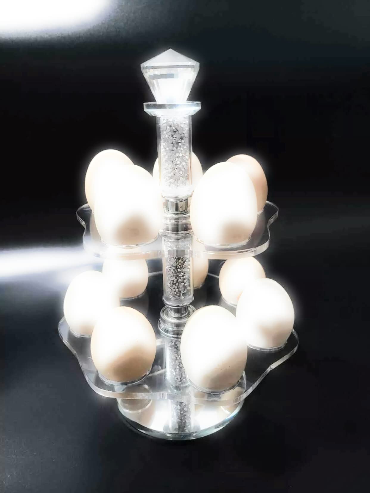 SILVER PETALS - Crush Diamond Egg Rack Egg Stand Egg Holder Egg Basket - Holds 12 Eggs Rotating Tray Bling