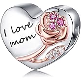 925 Sterling Silver Heart Love with 3D Rose Flower Charms Beads for Bracelets Necklaces Wedding Valentine's Day Mother's Day Christmas Gift Jewelry for Wife Mom Sister Family Best Friends