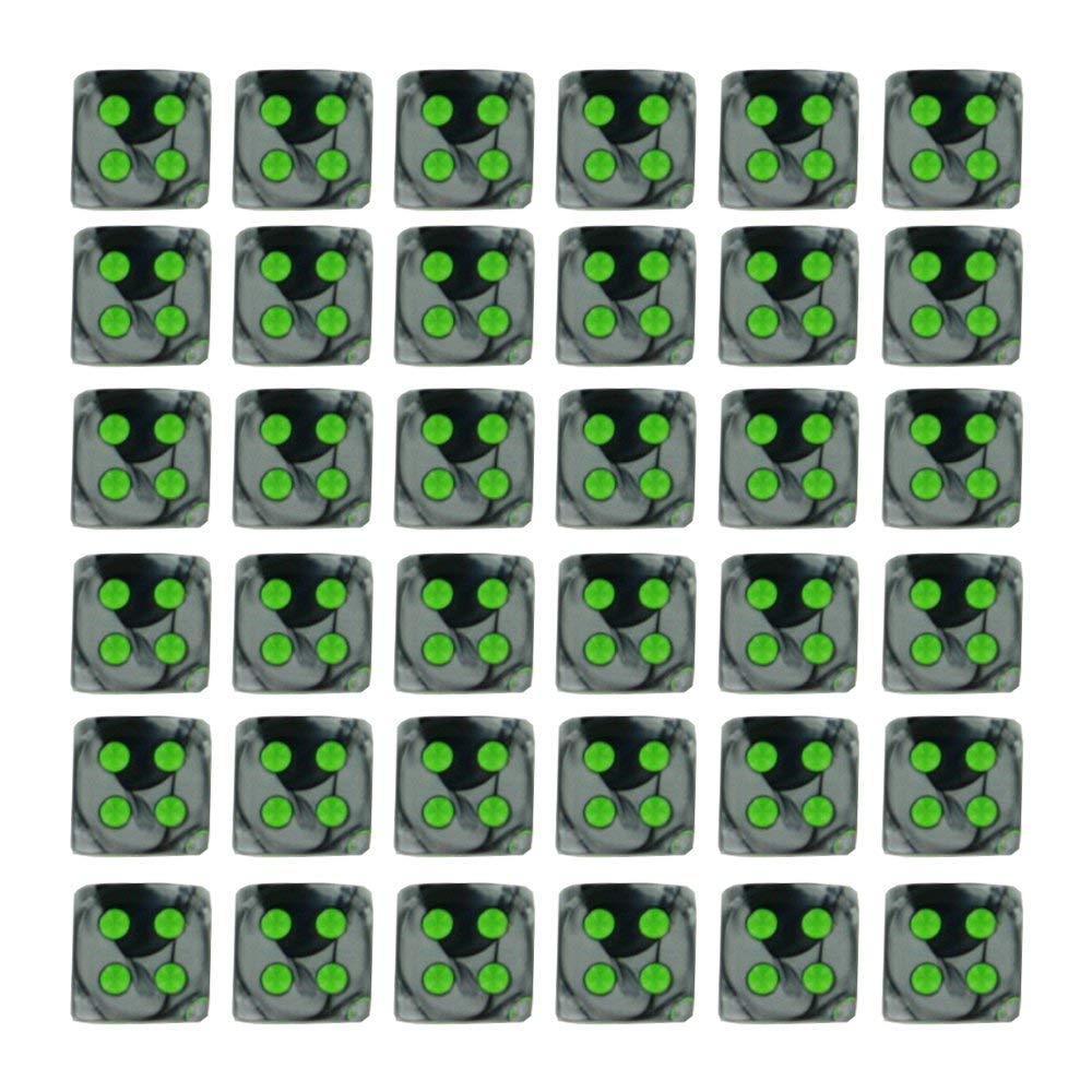 Chessex d6 Sets: Gemini Black & Grey/Gray with Green - 12mm Six Sided Die (36)