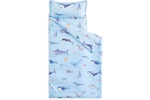 Wake In Cloud - Nap Mat with Removable Pillow for Kids Toddler Boys Girls Daycare Preschool Kindergarten Sleeping Bag, Sea Life Whale Fish Dolphin Printed on Light Blue,100% Soft Microfiber