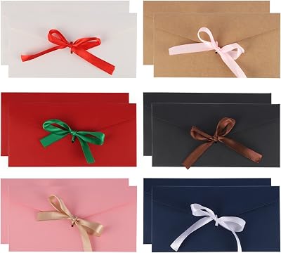 Yafe 12 Pcs Gift Envelopes Kraft Paper 22x11cm with Ribbons 6 Colors