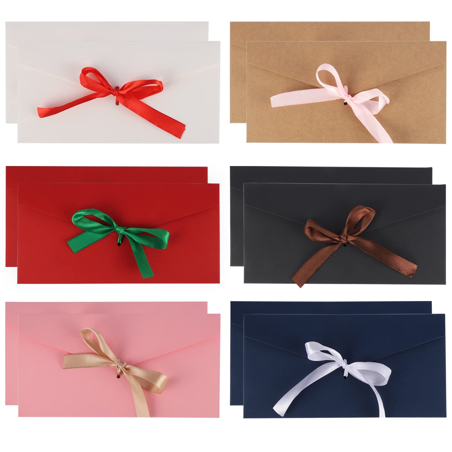 12 Pcs Gift Envelopes(22 * 11CM/6 Colors), Money Envelopes with Ribbons, Money Wallets for Cash Gifts, Vintage Kraft Paper for Christmas, Invitations Greeting, Thanksgiving, Newyear, Valentine's Day