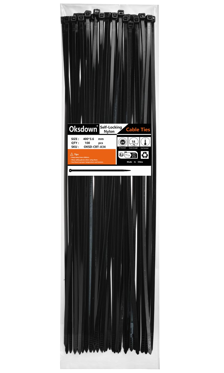 Oksdown 100 Pack Black Plastic Cable Ties 400mm×3.6mm Heavy Duty Strong Nylon Premium Self Locking 16 inch/40 cm Long Zip Tie Wraps