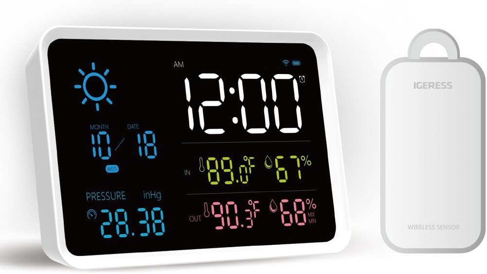 IGERESS Multifunctional Weather Station with Indoor and Outdoor Wireless Sensor Barometers Thermometer Hygrometer Weather Forecast Monitoring Alarm Clock Function