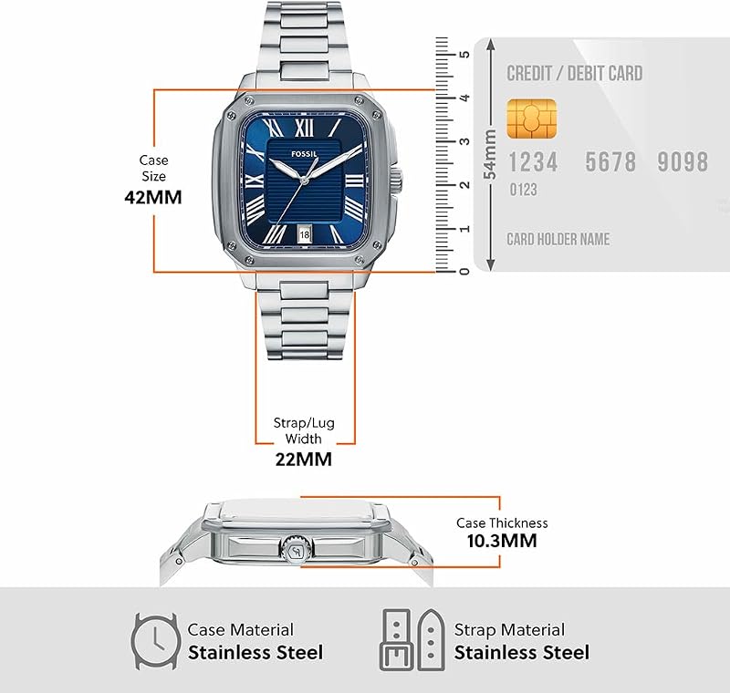 Orologio Crosby da uomo, movimento al quarzo con data a tre lancette e cinturino in acciaio inossidabile, Tono argento e blu, 42 mm