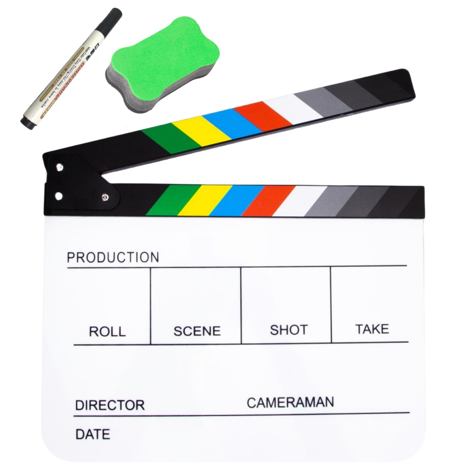 BOLLUMA Acrylic Plastic Director's Film Clapboard, Easy Wipe Cut Action Scene Clapper Board Slate with Pen and Blackboard Eraser for Movies, Videos, TV Shows, Studio Live, Party, White