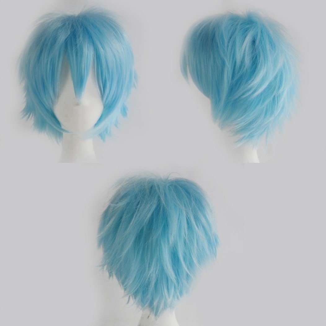 Unisex Short Cosplay Full Wigs Natural Layer Straight Hair Anime Costume Party Wig Fancy Dress for Women Men Boy Girls (Light Blue)