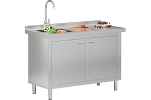122 cm x 60 cm x 85 cm Stainless Steel Utility Sink with Cabinet, Freestanding Kitchen Cabinet with Sink for Restaurant, Laun