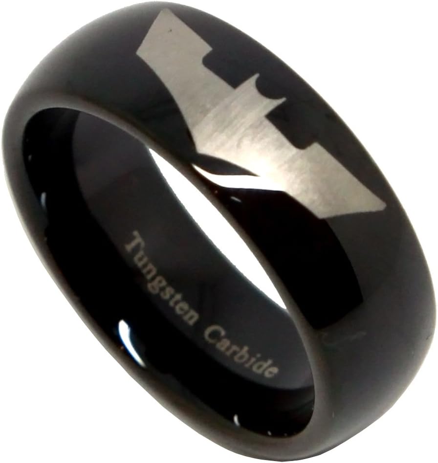 Black Tungsten Wedding Band, Tungsten Carbide Ring for Men with Batman Emblem, 8mm