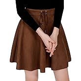 DIASHINY Faux Suede Mini Skirt for Women A Line Skater Belt Tie High Waist Flared Stretch Skirts